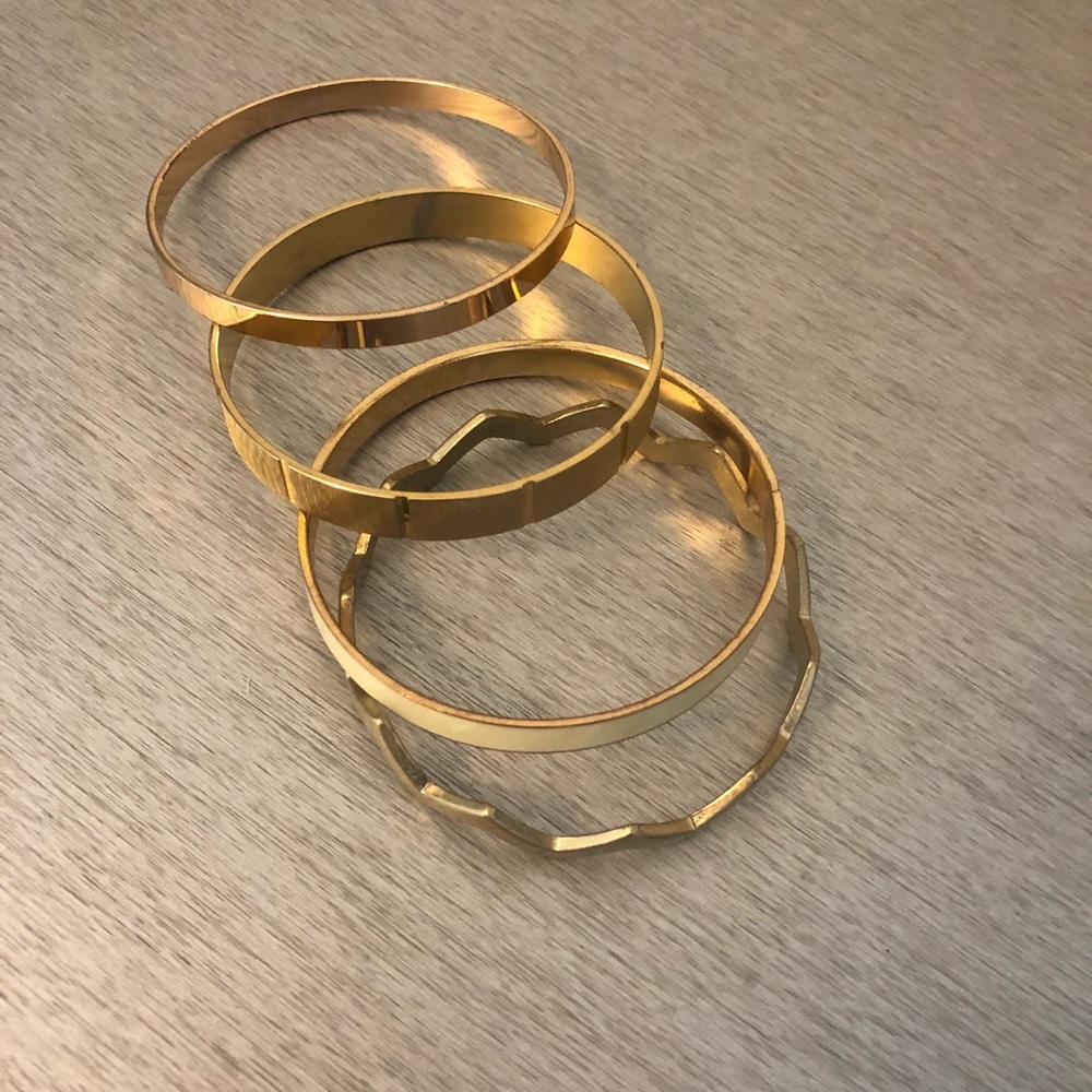 Gold Tone Bangle Bracelet Set | 4-Piece Mixed Texture Stack Minimalist Jewelry - Picture 3 of 4